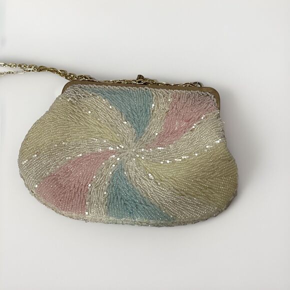 Vintage Pastel Beaded Purse Pinwheel Pattern Pink Blue White Gold Chain - Picture 1 of 4